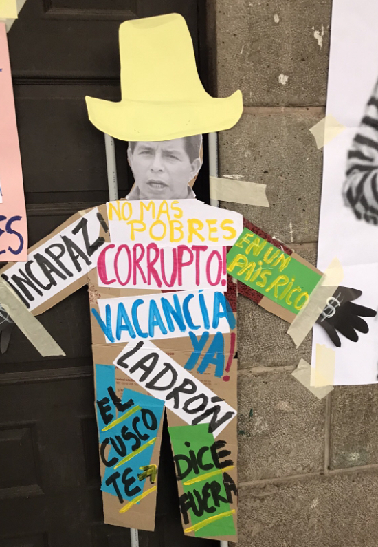 A sign protesting then-president Castillo in Cusco, Peru in November 2022